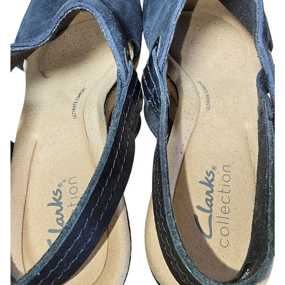 Clarks Women's Giselle Sea Nubuck Suede Wedge Sandals Cork Black 7.5 W Excellent